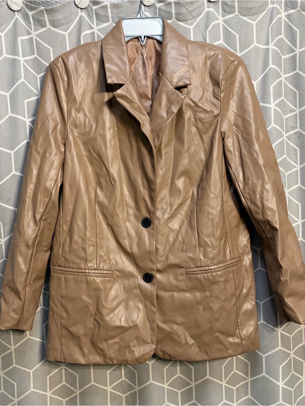 Classic Tan Faux Leather Blazer Jacket - Women's Tailored Two-Button